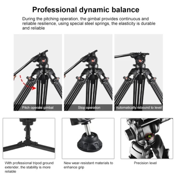 PULUZ Heavy Duty Video Camcorder Aluminum Alloy Tripod with Fluid Drag Head for DSLR SLR Professional Camera - Image 3