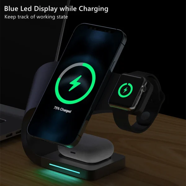 Magnetic Wireless Charging Stand 15W Fast Charging Station Phone Watch Aluminium Desk Charging Dock 4 in 1 for Airpods - Image 2