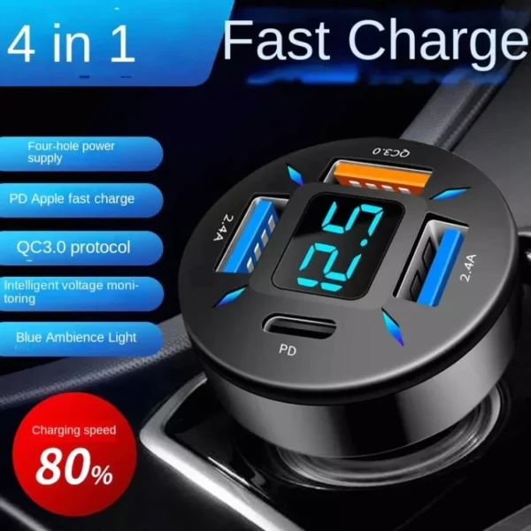 Good quality 4 in 1 USB 66W Digital Display Car Super Fast Charger - Image 2