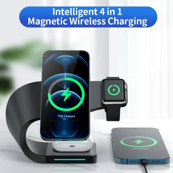 Magnetic Wireless Charging Stand 15W Fast Charging Station Phone Watch Aluminium Desk Charging Dock 4 in 1 for Airpods - Image 3