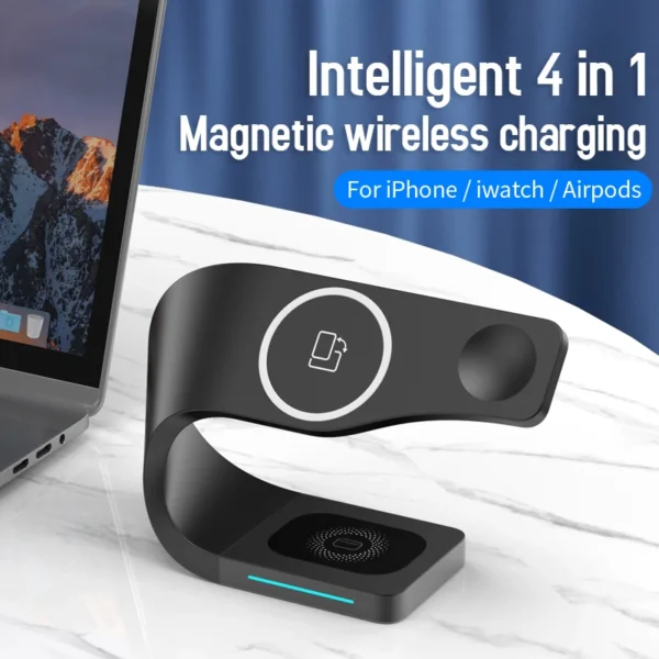 Magnetic Wireless Charging Stand 15W Fast Charging Station Phone Watch Aluminium Desk Charging Dock 4 in 1 for Airpods