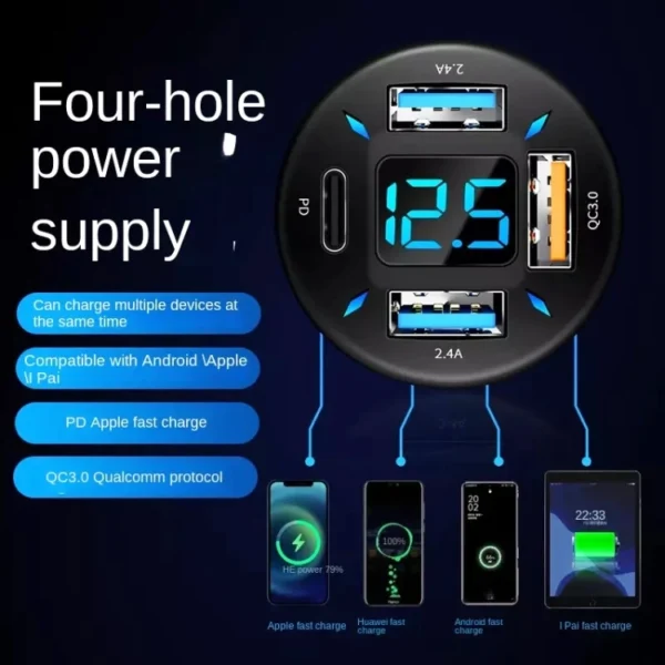 Good quality 4 in 1 USB 66W Digital Display Car Super Fast Charger - Image 3